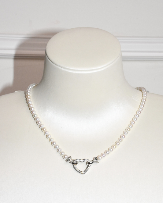 4A Freshwater Near Round Necklace in Silver 925 WG Plated - Heart Clasp - White (4 -5mm)
