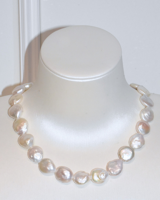 3A Freshwater Coin Necklace in Copper - Double O Clasp - White (13 -14mm)
