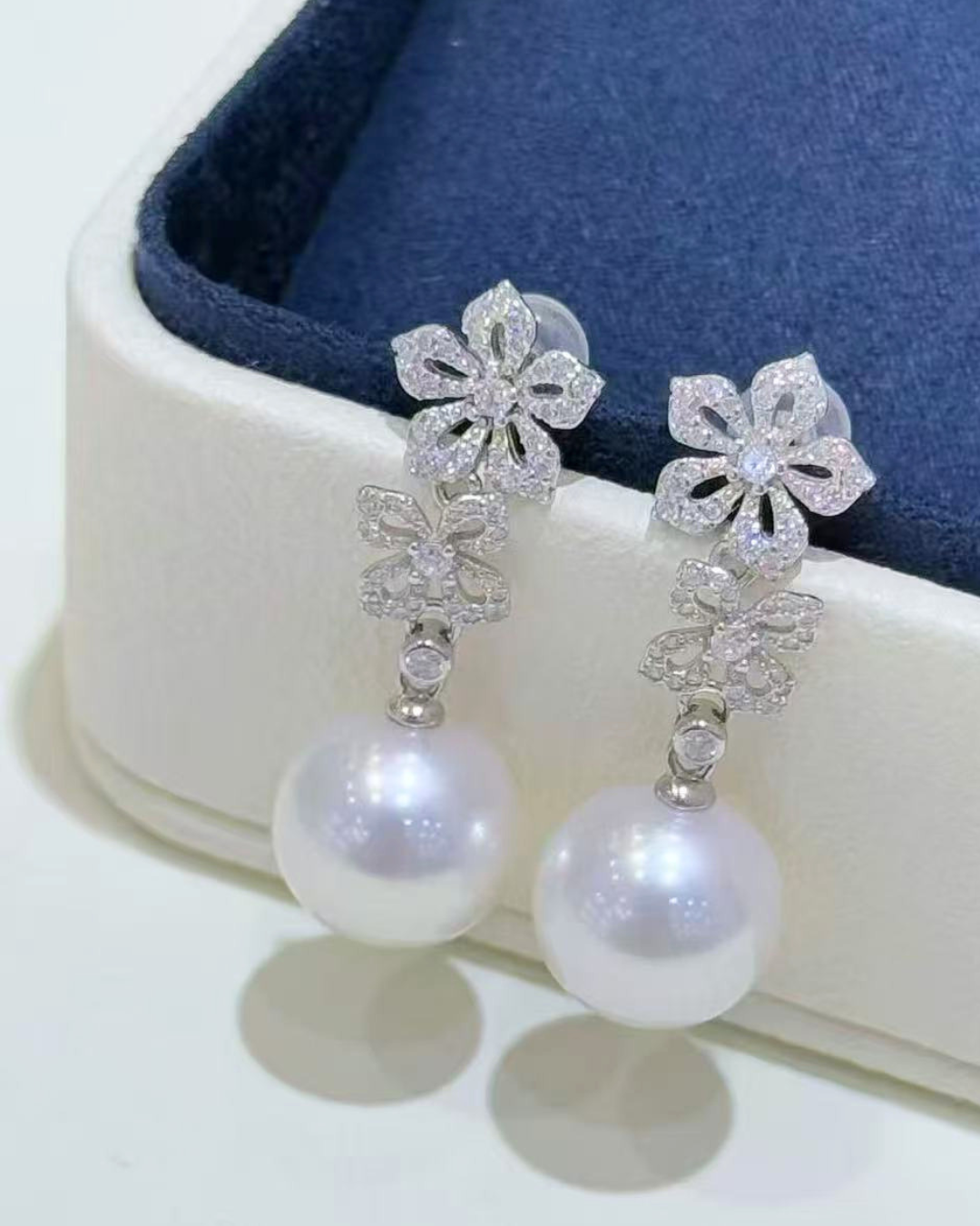5A Freshwater Round Earring in Silver 925 White Gold Plated - Double Bloom Drop Earrings - White (11-12mm)