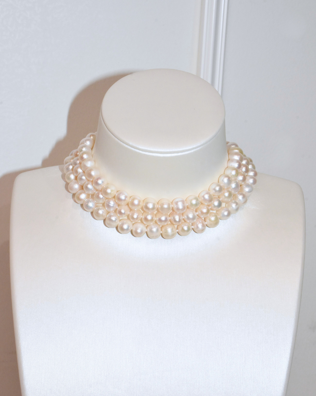 3A Freshwater Near Round Necklace in Copper - Triple layers  - White (9 -10mm)