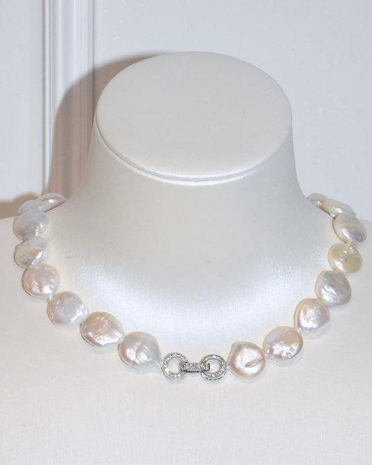 3A Freshwater Coin Necklace in Copper - Double O Clasp - White (13 -14mm)