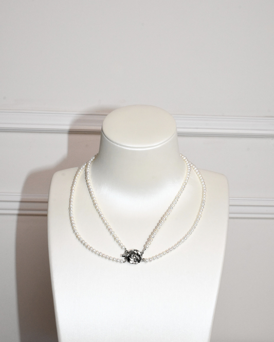 2A Freshwater Near Round Necklace in Copper - Flower with 2 layers Pearl  - White (3 -4mm)