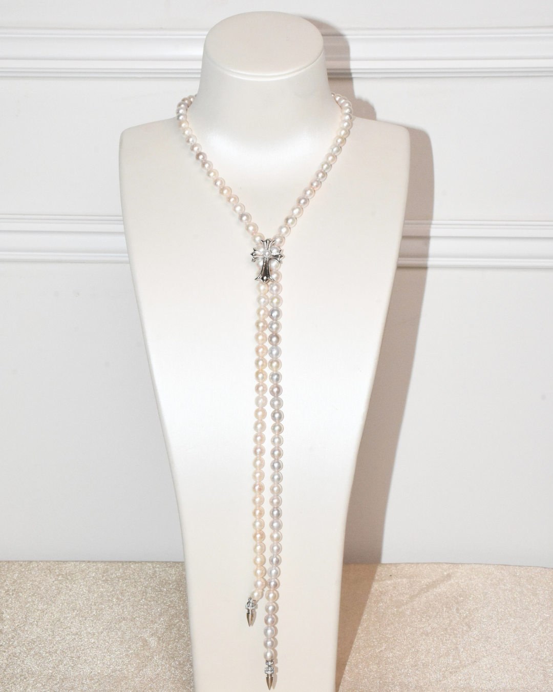 4A Freshwater Near Round Long Necklace in Silver 925 WG Plated - Chrome Hearts Cross Clasp - Silver/Grey (6 -7mm)