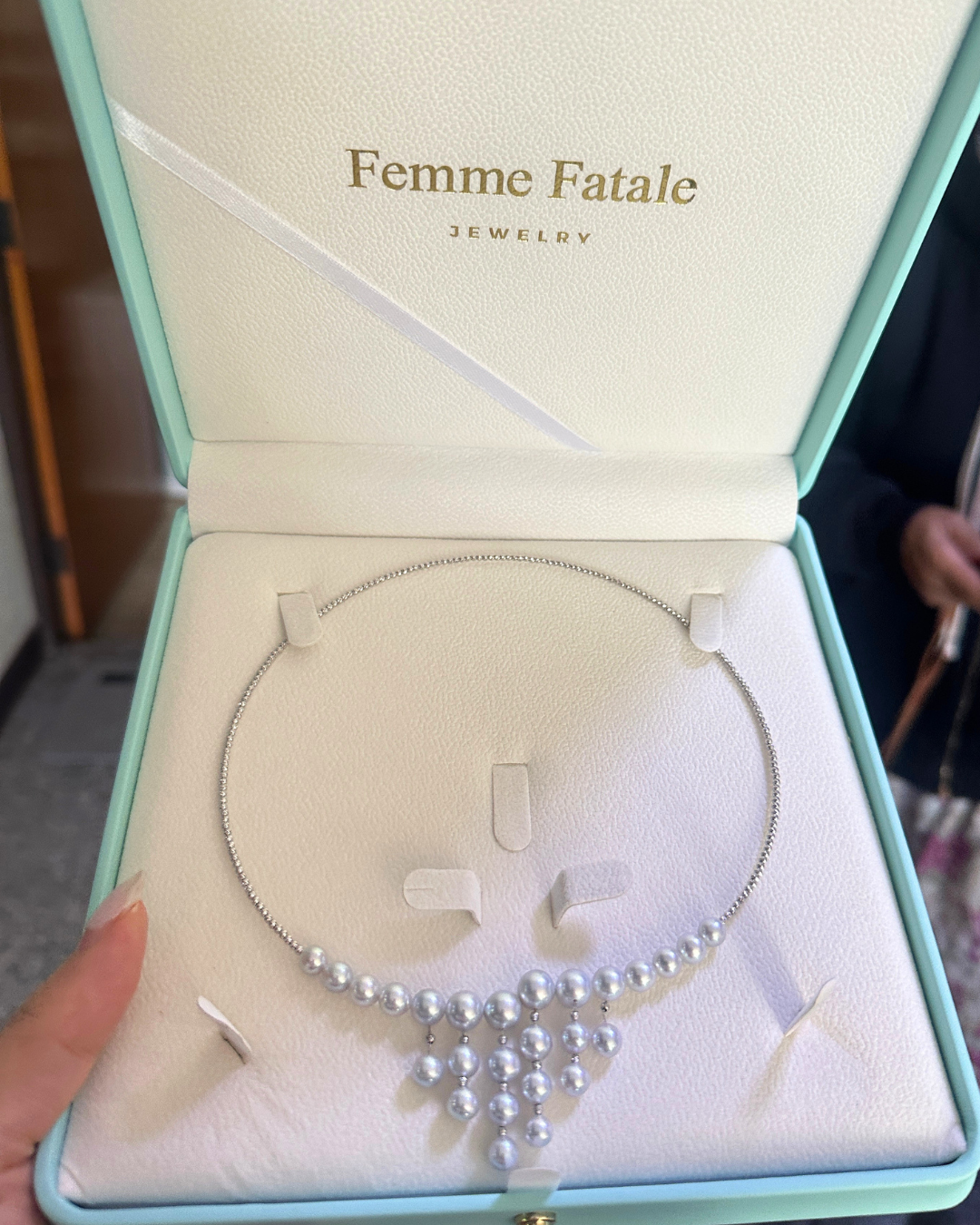 5A Japanese Akoya Round Necklace in 18K White Gold - Hemp Akoya Pearl - Blue (6-9mm)