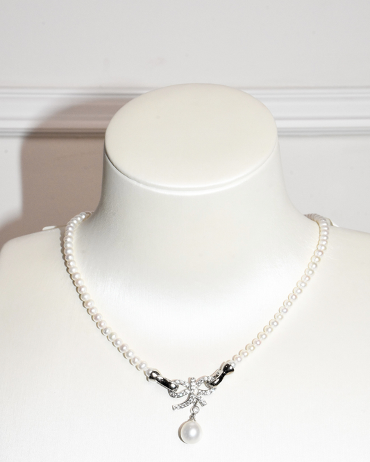 4A Freshwater Near Round Necklace in Copper - Ribbon with 8mm Pearl Drop Pendant - White (3 -4mm)