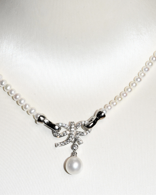 4A Freshwater Near Round Necklace in Copper - Ribbon with 8mm Pearl Drop Pendant - White (3 -4mm)