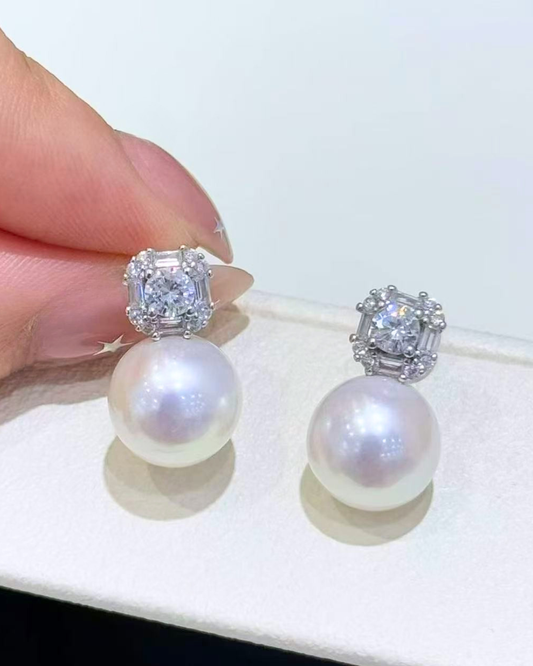 4A Freshwater Round Earring in Silver 925 White Gold Plated - Freshwater Edison with CZ - White (11-12mm)