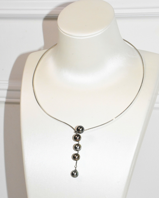 4A Tahitian Round Necklace in Silver 925 White Gold Plated - Eclipse Dropfall - Peacock (9-10mm)
