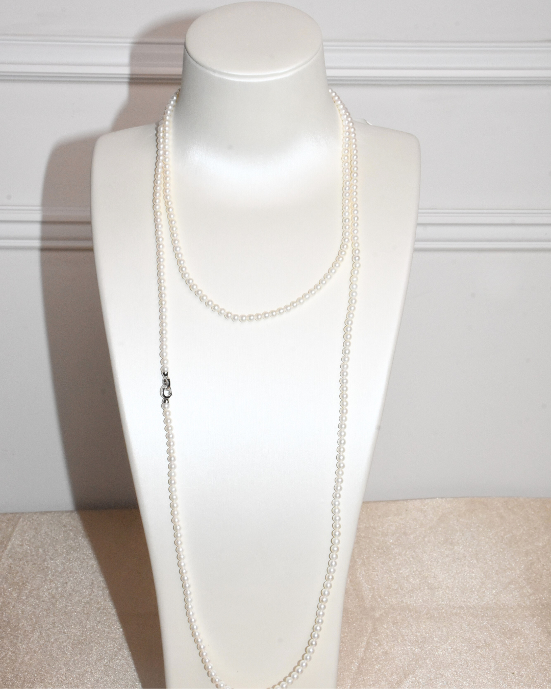 3A Freshwater Round Necklace in Silver 925 WG Plated - Long 120CM Necklace - White (3-4mm)