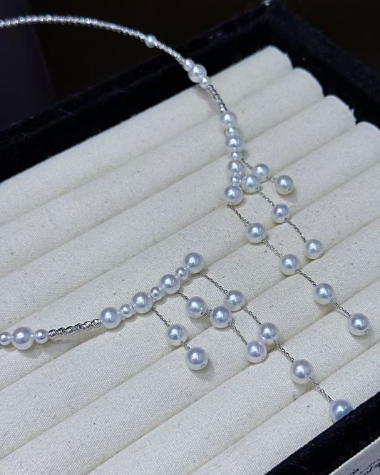 4A Freshwater Round Necklace in Silver 925 White Gold Plated - Rain Pearl Bib Necklace - White (4-6mm)
