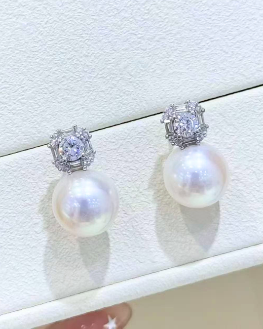 4A Freshwater Round Earring in Silver 925 White Gold Plated - Freshwater Edison with CZ - White (11-12mm)