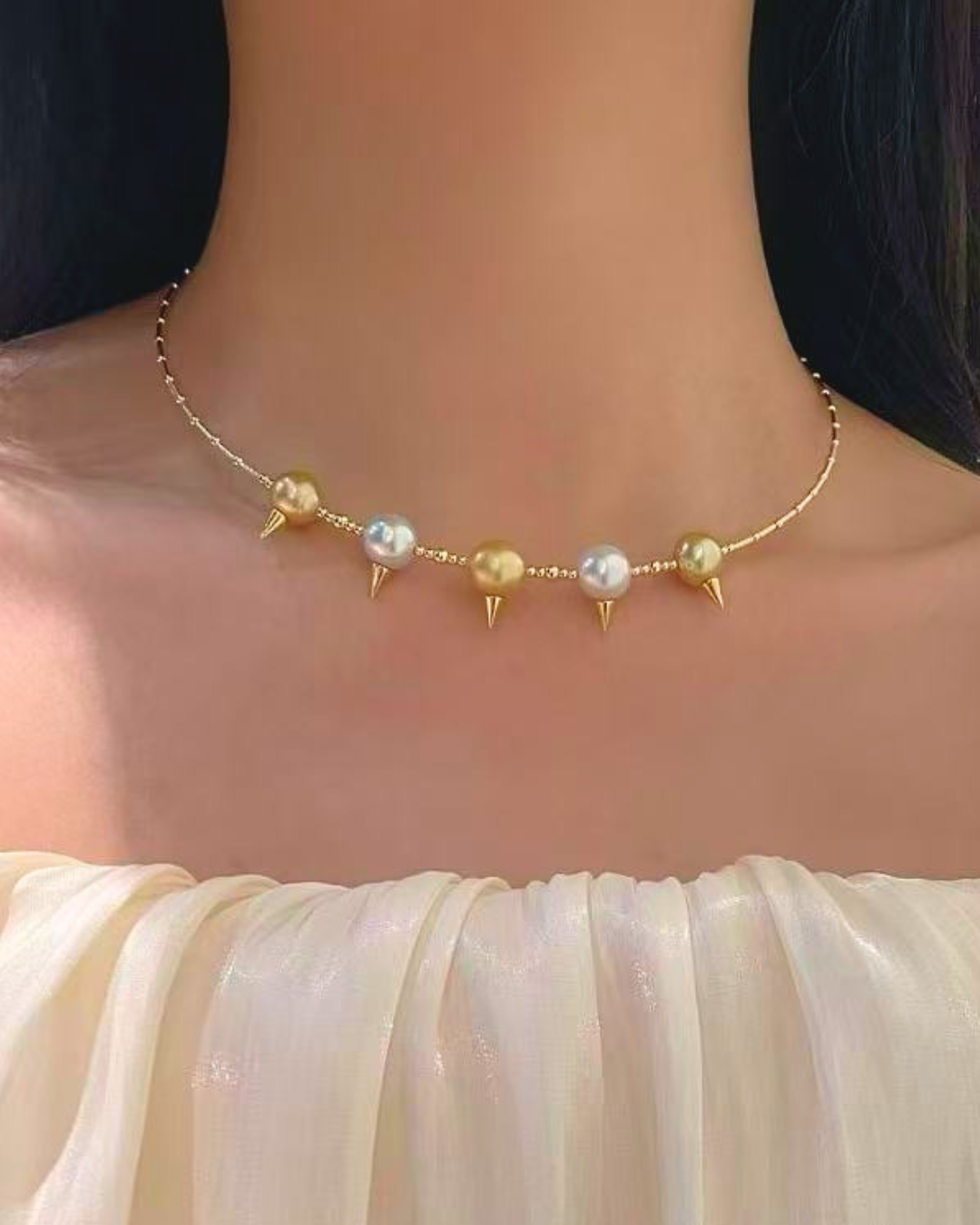 4A South Sea Golden Philippines & South Sea White Australia Round Necklace in Silver 925 Gold Plated - Spike Choker Necklace - Gold (9-10mm)