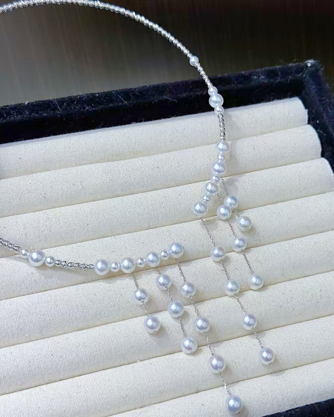 4A Freshwater Round Necklace in Silver 925 White Gold Plated - Rain Pearl Bib Necklace - White (4-6mm)