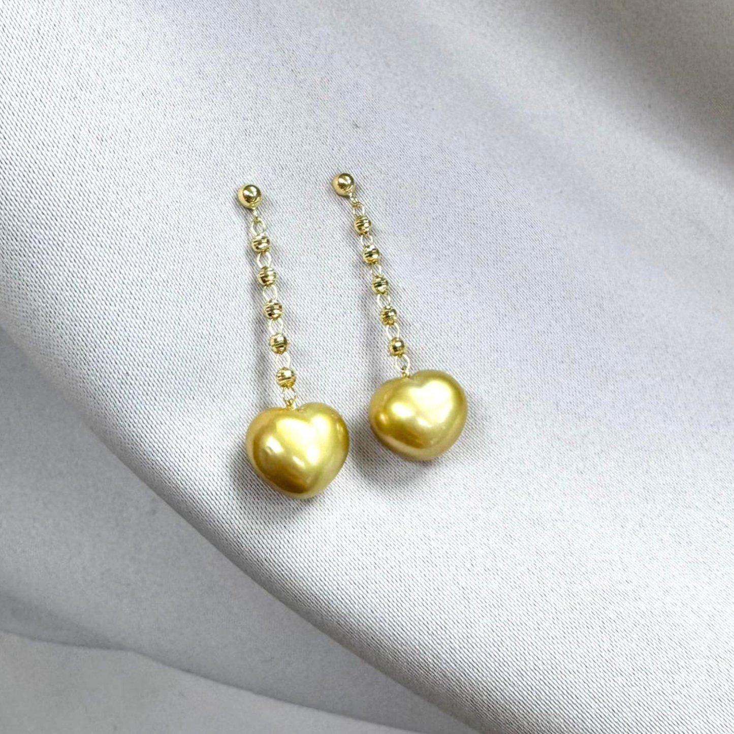 South Sea Heart-Shaped Golden Pearl Beaded Chain Drop Earring - 18K Solid Gold 0.6g (12mm)