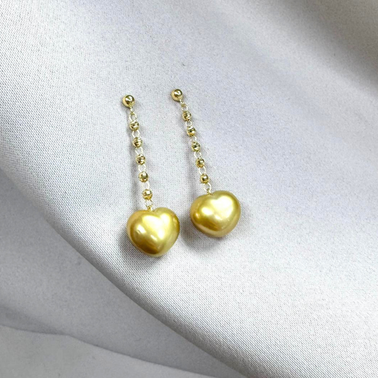 South Sea Heart-Shaped Golden Pearl Beaded Chain Drop Earring - 18K Solid Gold 0.6g (12mm)