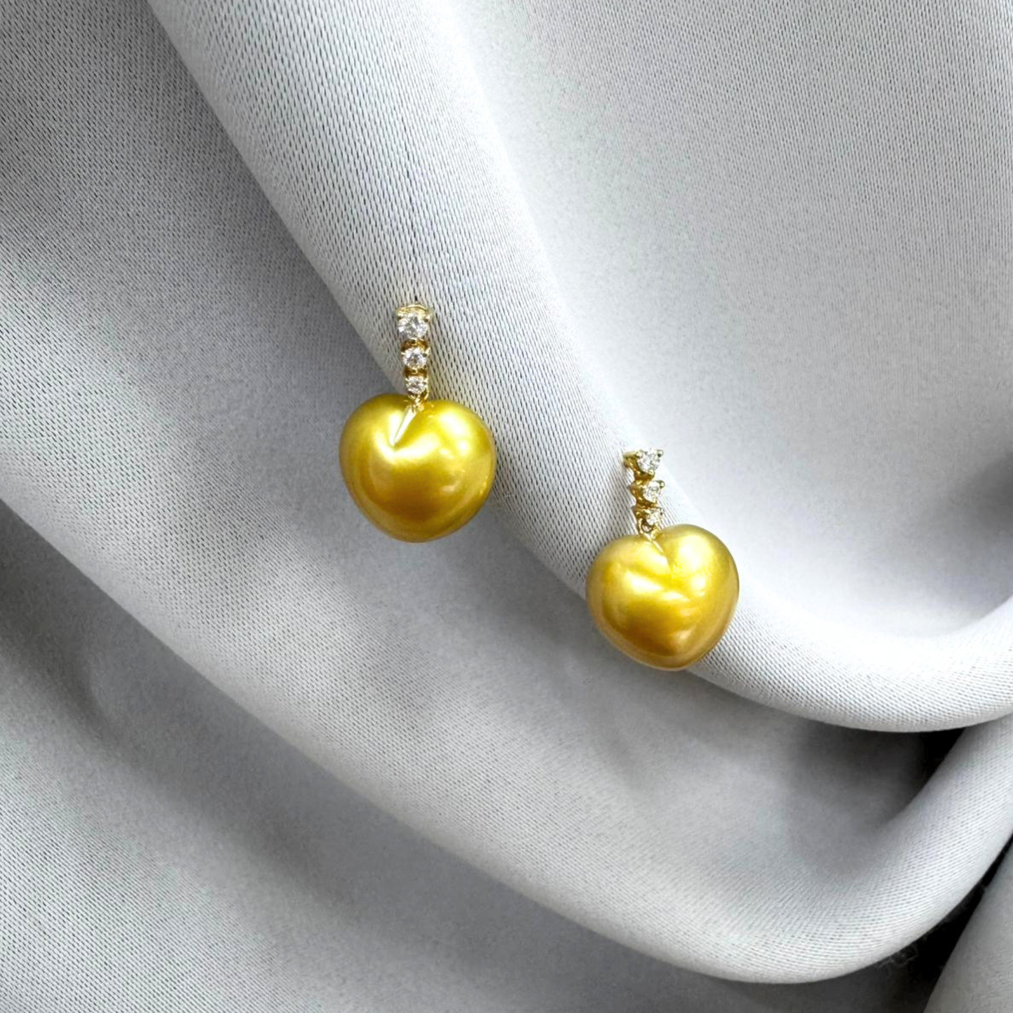 South Sea Heart-Shaped Golden Pearl Triple Diamond Bail Earring - 18K Solid Gold 1g (12mm) D0.12ct