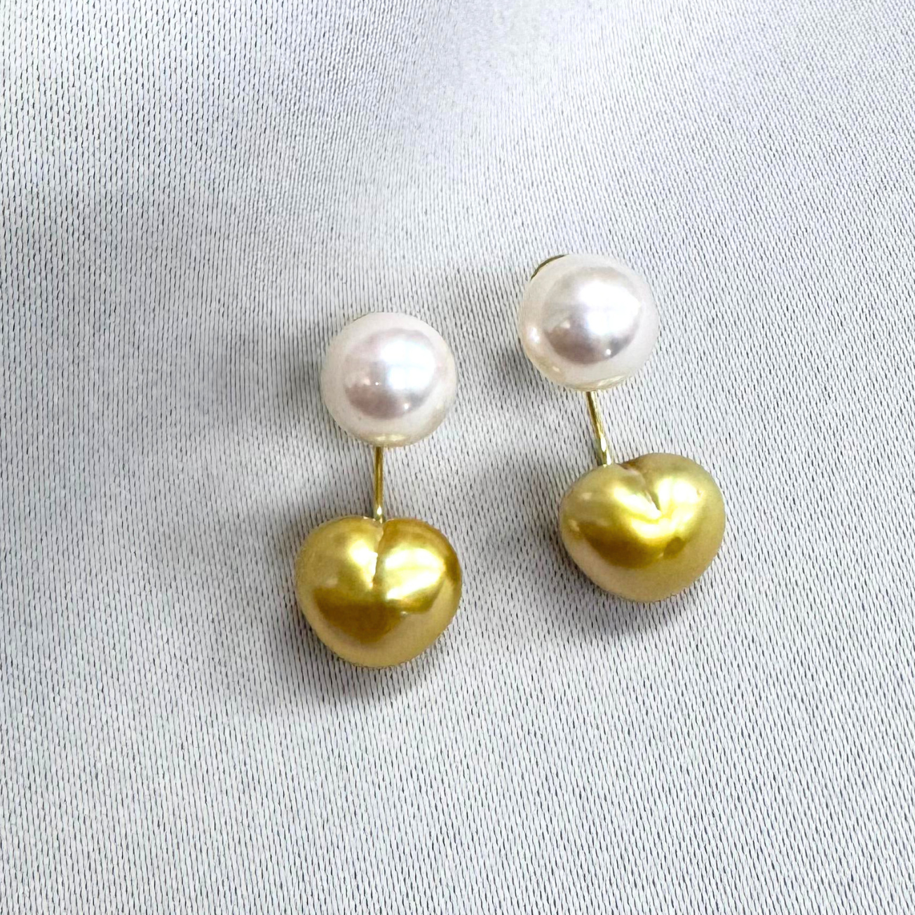 South Sea Heart-Shaped Golden Pearl Ear Jacket with Akoya Earring - 18K Solid Gold 0.7g (8-10mm)