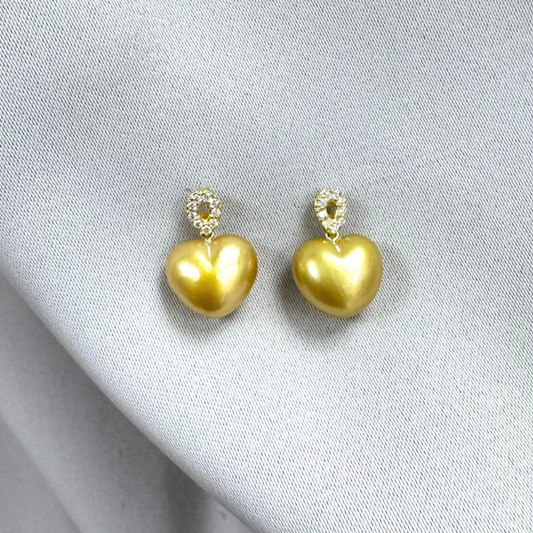 South Sea Heart-Shaped Golden Pearl Diamond Heart Bail Earring - 18K Solid Gold 1.05g (12mm) D0.14ct