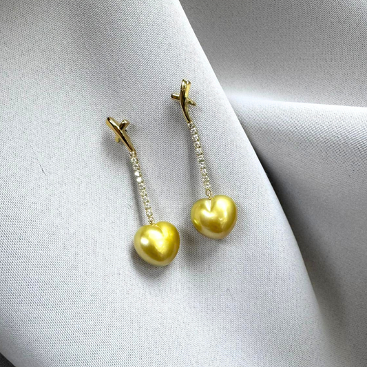 South Sea Heart-Shaped Golden Pearl Diamond X-Bar Drop Earring - 18K Solid Gold 2.3g (12mm) D0.3ct