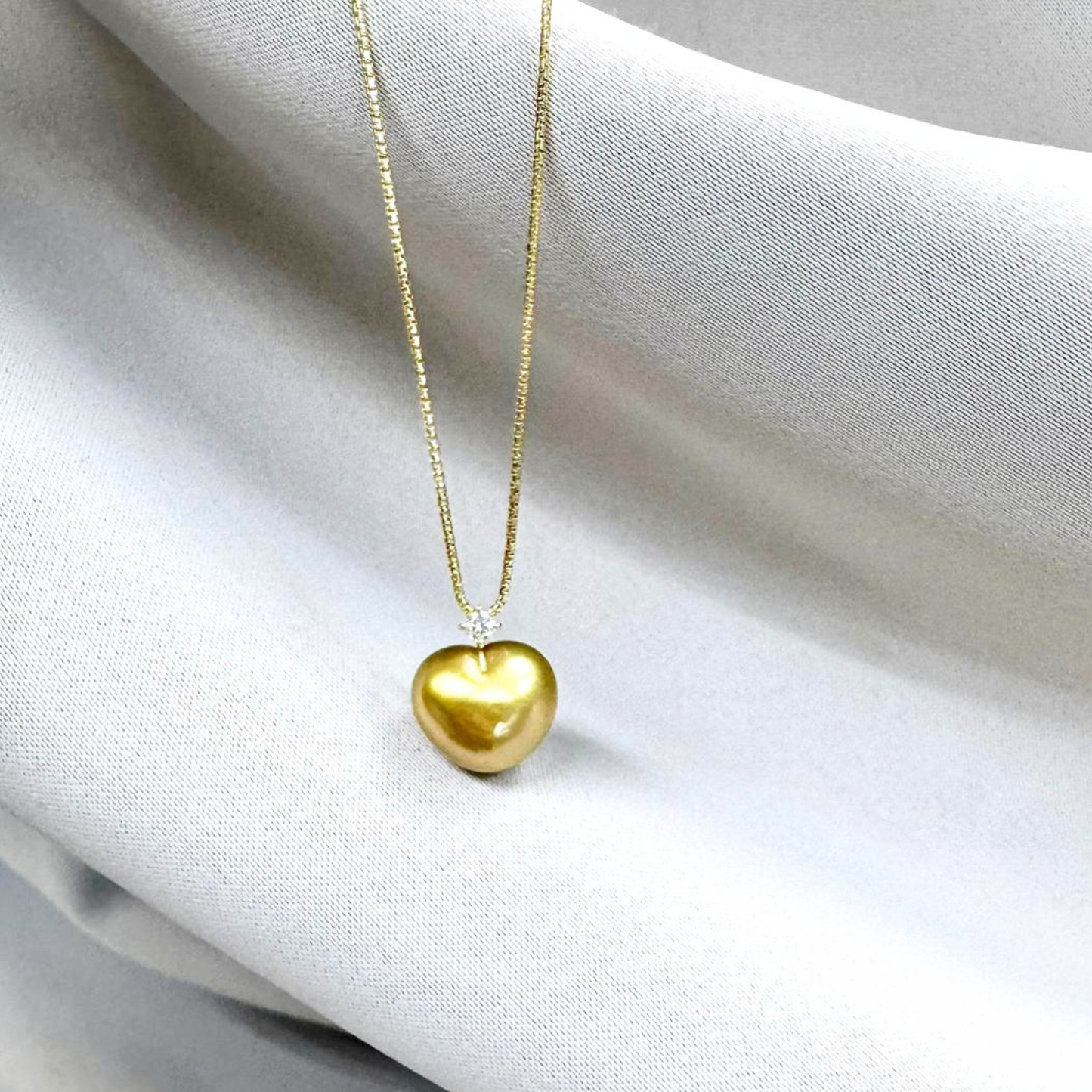 South Sea Heart-Shaped Golden Pearl Single Diamond Bail Necklace - 18K Solid Gold 3.2g (10mm) D0.07ct