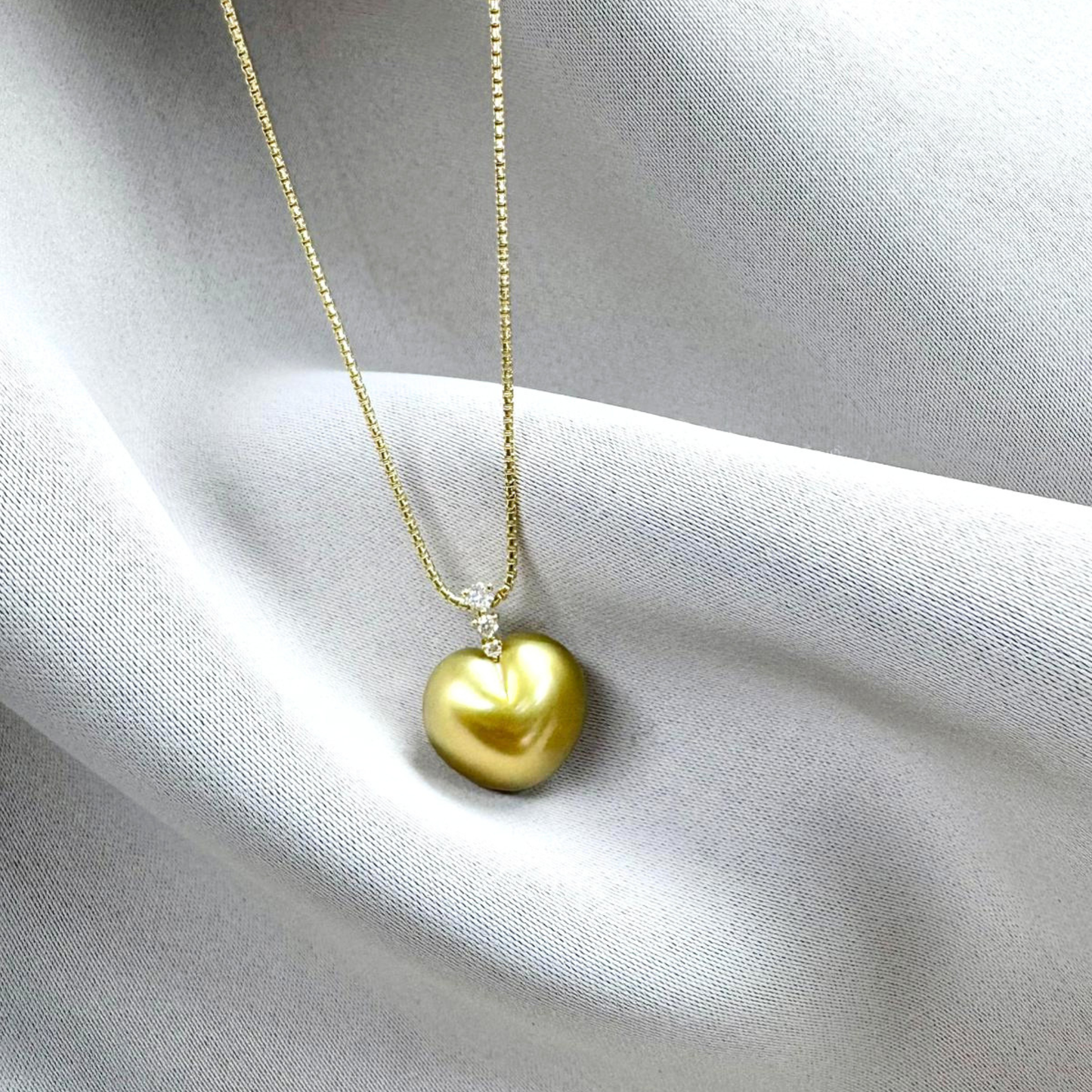 South Sea Heart-Shaped Golden Pearl Triple Diamond Bail Necklace  - 18K Solid Gold 4.1g (15mm) D0.08ct