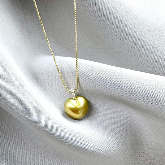 South Sea Heart-Shaped Golden Pearl Triple Diamond Bail Necklace  - 18K Solid Gold 4.1g (15mm) D0.08ct