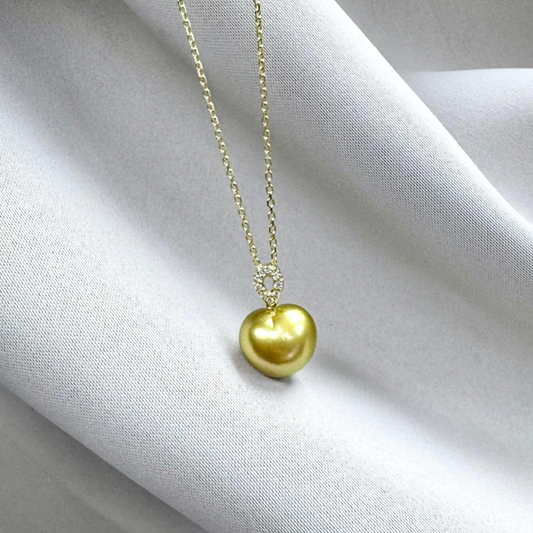 South Sea Heart-Shaped Golden Pearl Diamond Heart Bail Necklace -  18K Solid Gold 2.91g (12mm) D0.07ct