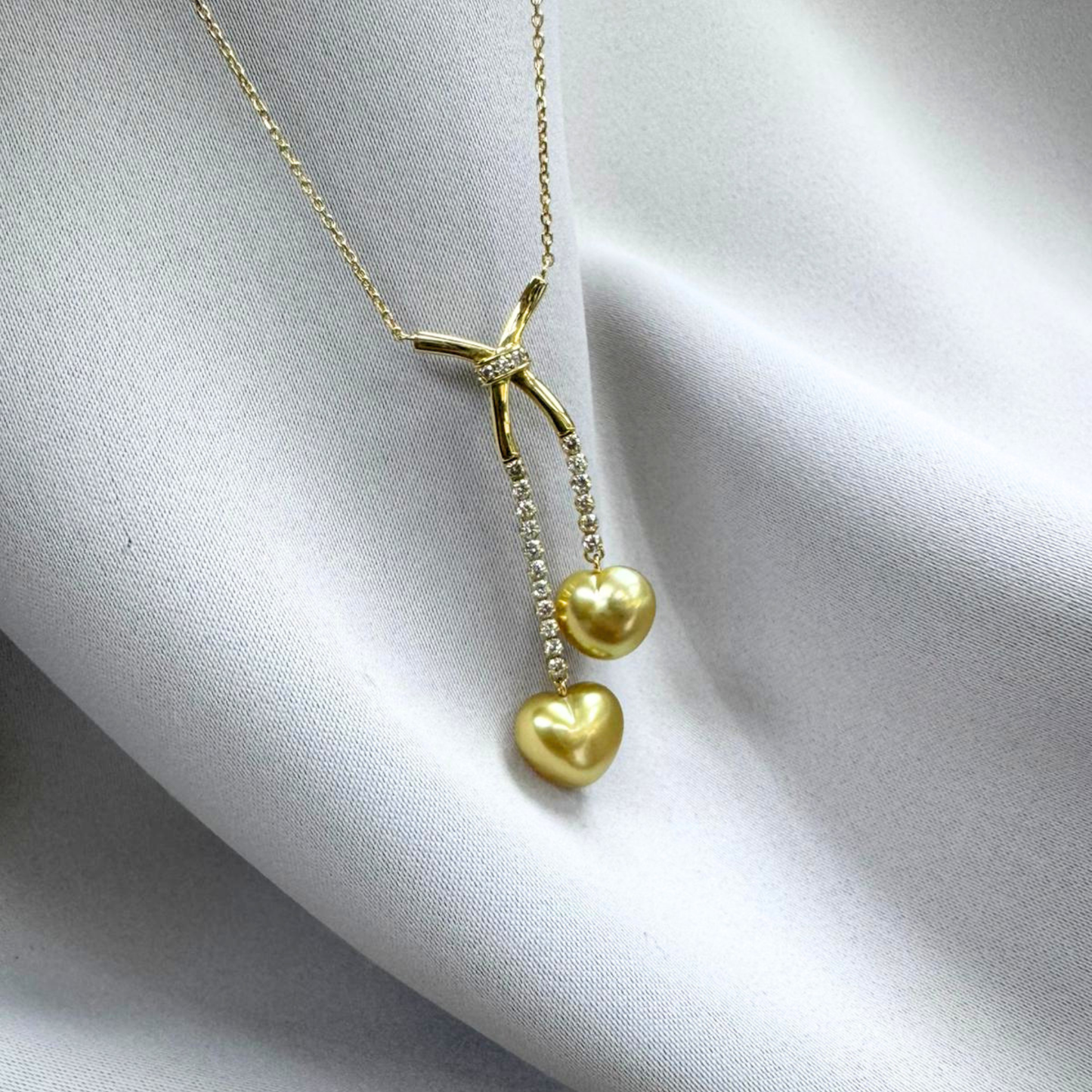 South Sea Heart-Shaped Golden Pearl Diamond Bow Double Drop Necklace - 18K Solid Gold 5.4g (10-11mm) D0.43ct