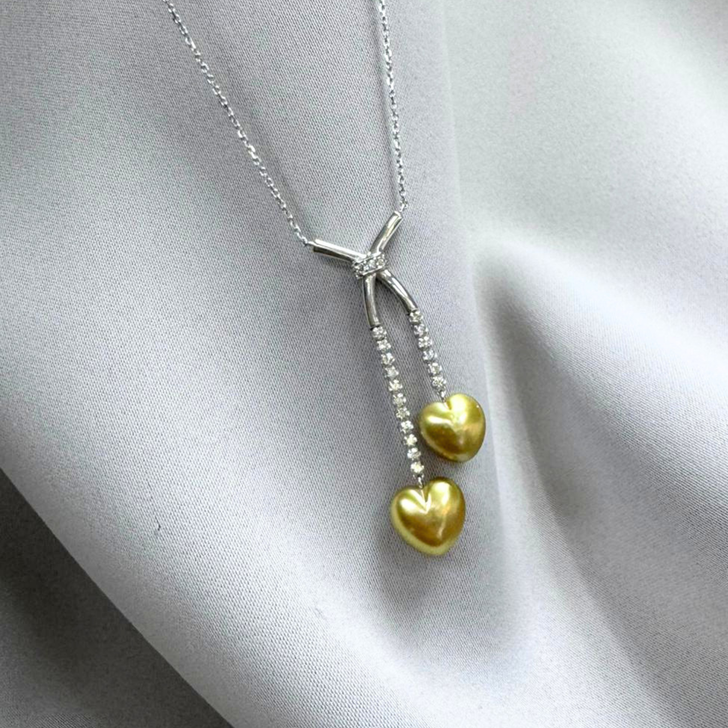 South Sea Heart-Shaped Golden Pearl Diamond Bow Double Drop Necklace - 18K Solid White Gold 5.6g (10-11mm) D0.43ct
