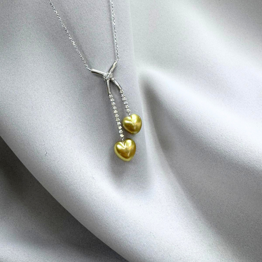South Sea Heart-Shaped Golden Pearl Diamond Bow Double Drop Necklace - 18K Solid White Gold 5.6g (10-11mm) D0.43ct