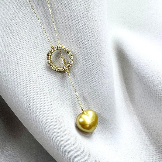 South Sea Heart-Shaped Golden Pearl Diamond Circle Lariat Necklace - 18K Solid Gold 2.1g (13mm) D0.5ct