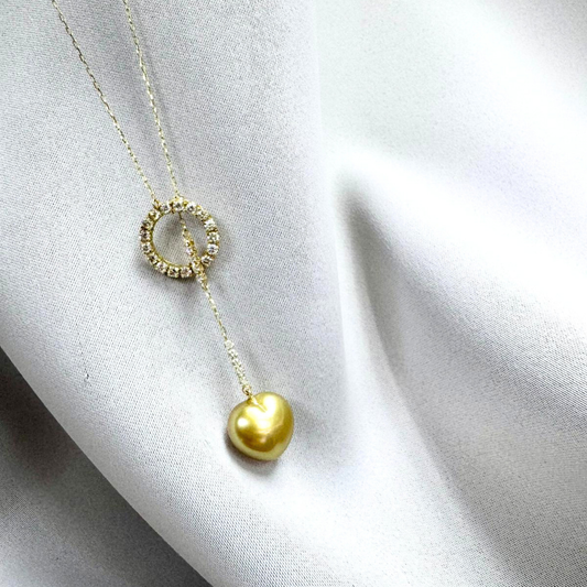 South Sea Heart-Shaped Golden Pearl Diamond Circle Lariat Necklace - 18K Solid Gold 2.1g (13mm) D0.5ct