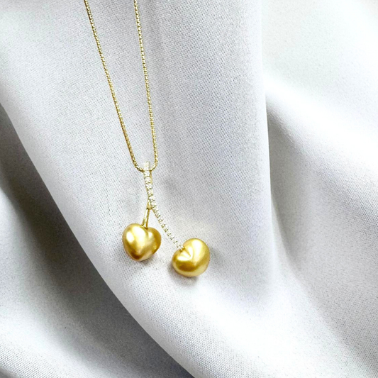 South Sea Heart-Shaped Golden Pearl Diamond Cherry Necklace - 18K Solid Gold 5.3g (11mm) D0.21ct