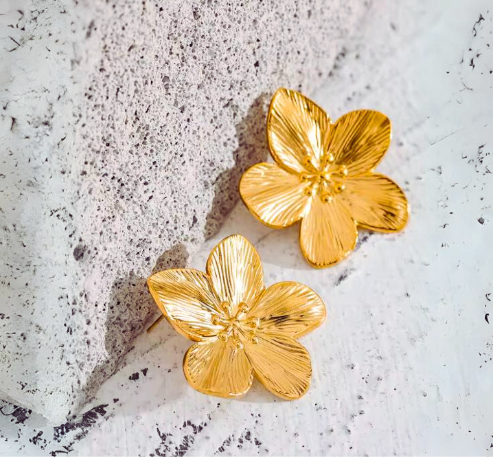 Gold Hellebores Flower Stud Earrings
