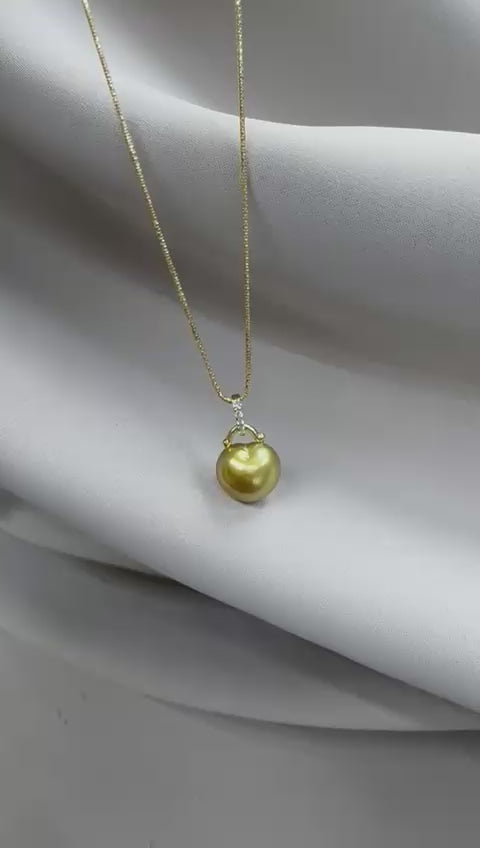 South Sea Heart-Shaped Golden Pearl Diamond Arch Bail Necklace - 18K Solid Gold 4.72g (13mm) D0.06ct
