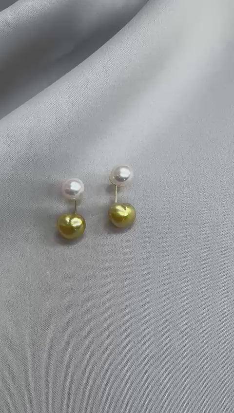 South Sea Heart-Shaped Golden Pearl Ear Jacket with Akoya Earring - 18K Solid Gold 0.7g (8-10mm)