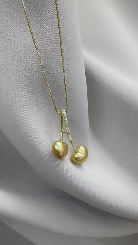South Sea Heart-Shaped Golden Pearl Diamond Cherry Necklace - 18K Solid Gold 5.3g (11mm) D0.21ct