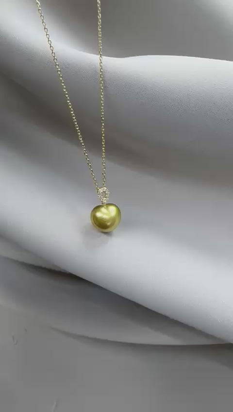 South Sea Heart-Shaped Golden Pearl Diamond Heart Bail Necklace -  18K Solid Gold 2.91g (12mm) D0.07ct