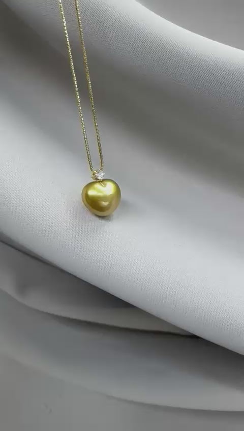 South Sea Heart-Shaped Golden Pearl Single Diamond Bail Necklace - 18K Solid Gold 3.2g (10mm) D0.07ct