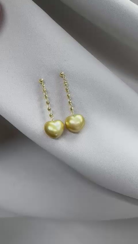 South Sea Heart-Shaped Golden Pearl Beaded Chain Drop Earring - 18K Solid Gold 0.6g (12mm)