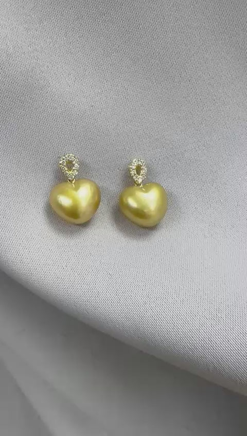 South Sea Heart-Shaped Golden Pearl Diamond Heart Bail Earring - 18K Solid Gold 1.05g (12mm) D0.14ct