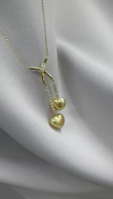 South Sea Heart-Shaped Golden Pearl Diamond Bow Double Drop Necklace - 18K Solid Gold 5.4g (10-11mm) D0.43ct