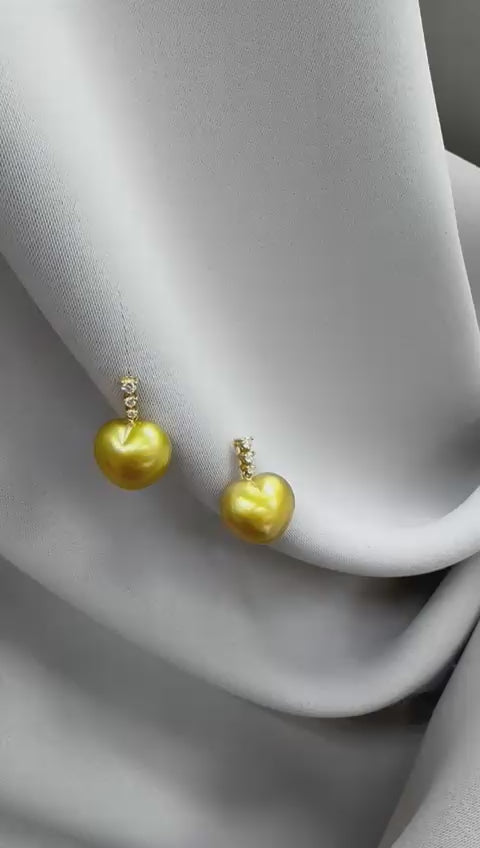 South Sea Heart-Shaped Golden Pearl Triple Diamond Bail Earring - 18K Solid Gold 1g (12mm) D0.12ct